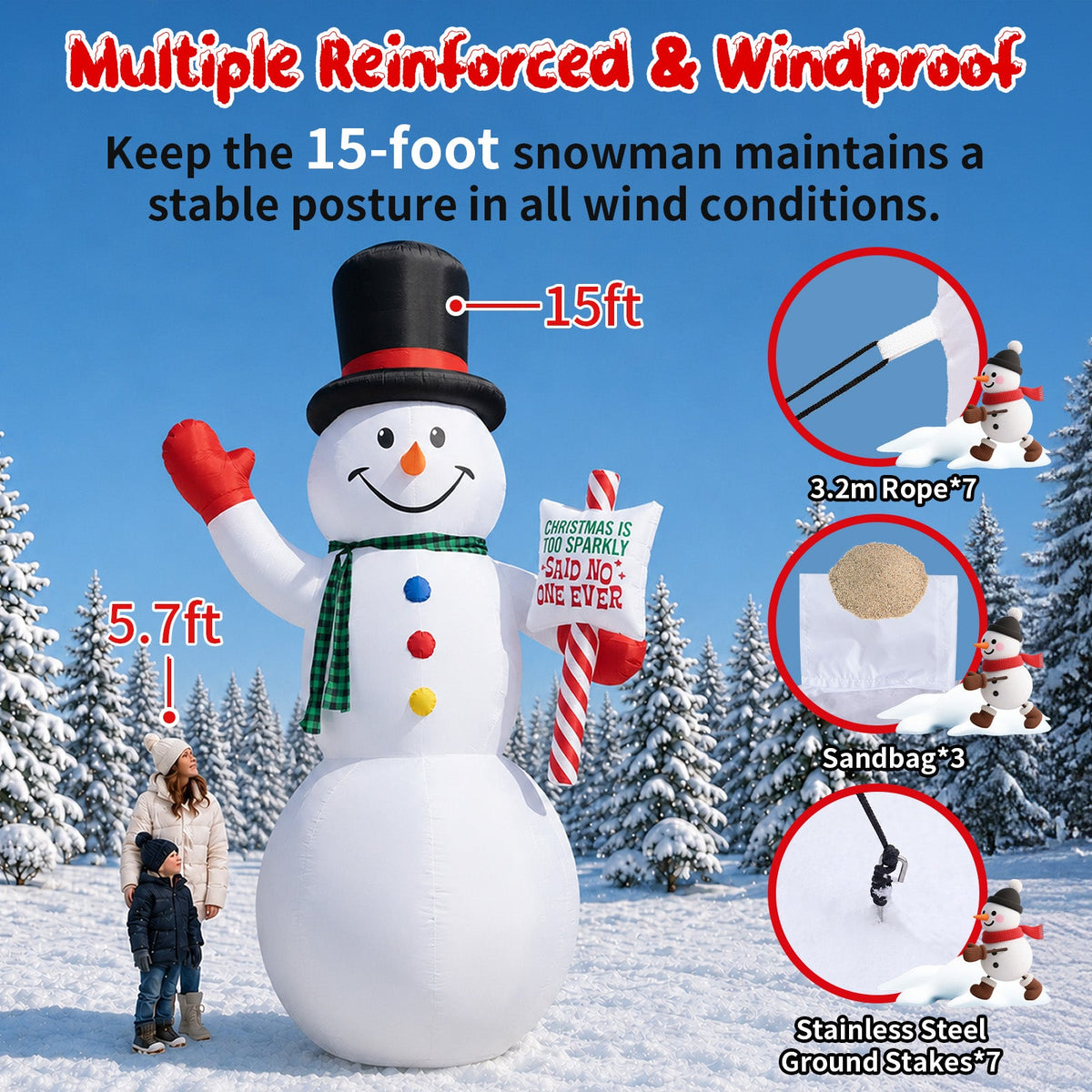 Giant Snowman with Candy Cane Inflatable