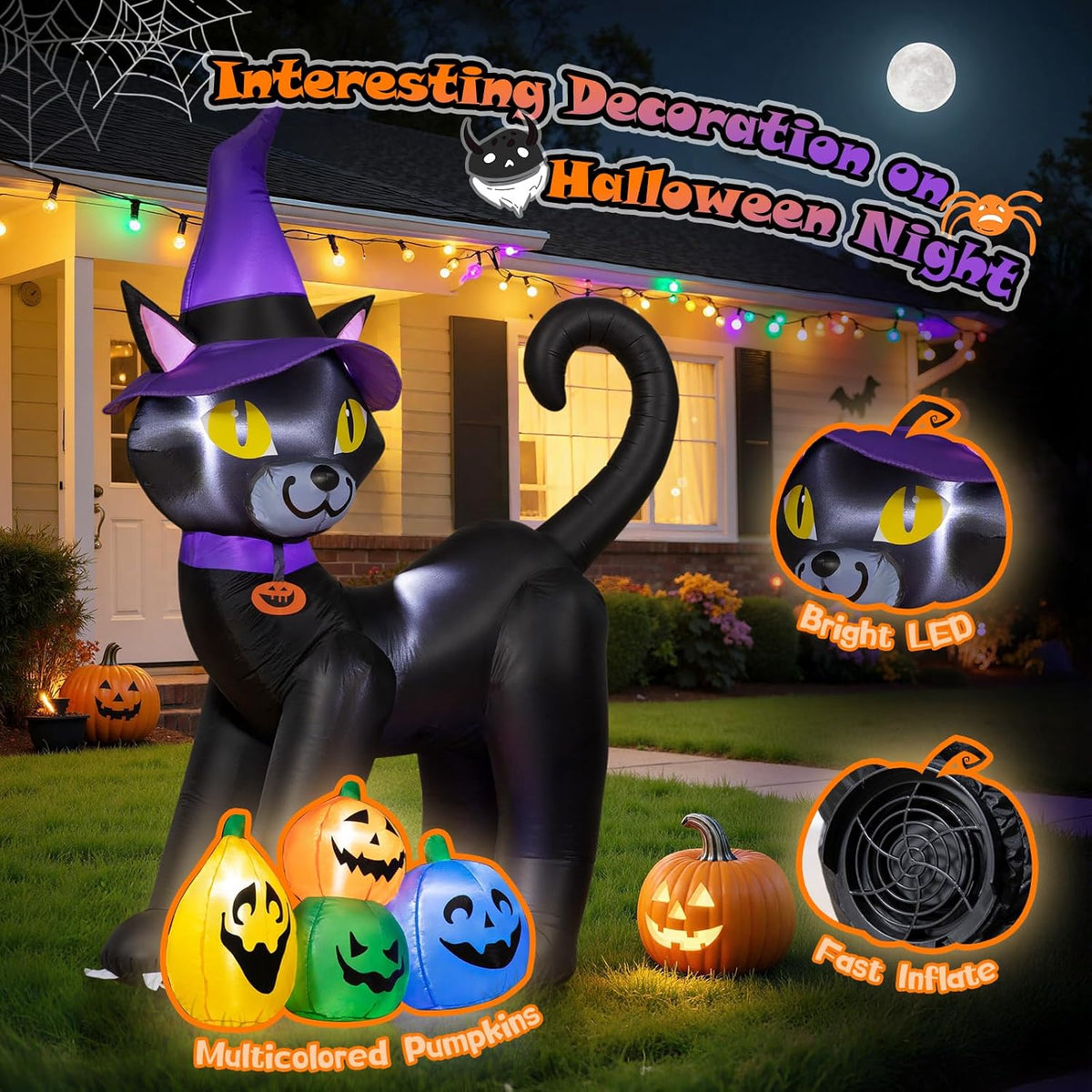Black Cat with Pumpkins Inflatable