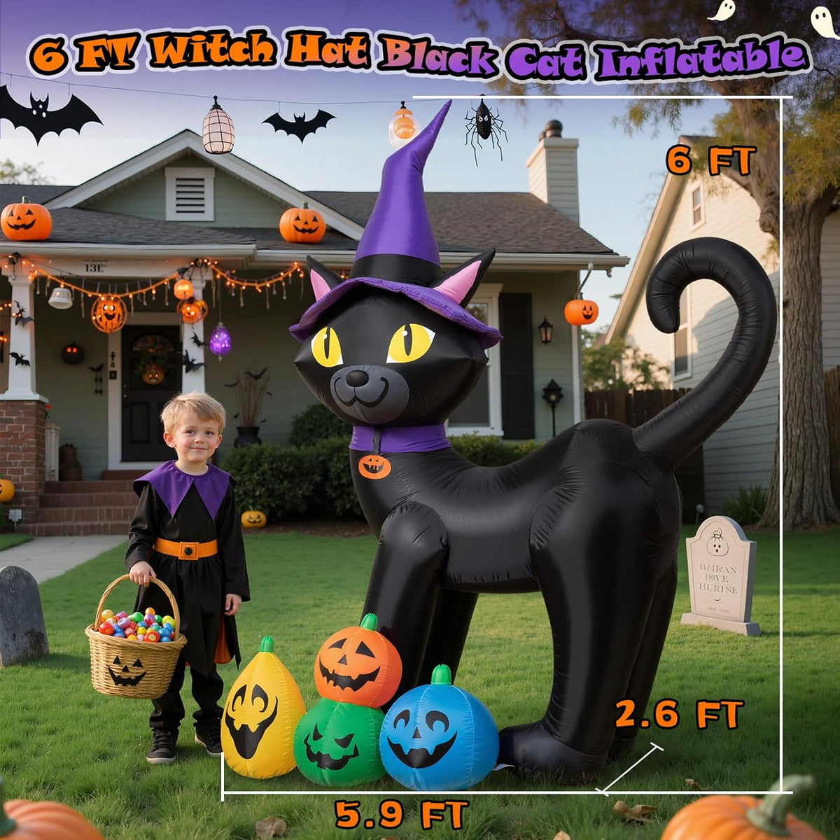 Black Cat with Pumpkins Inflatable
