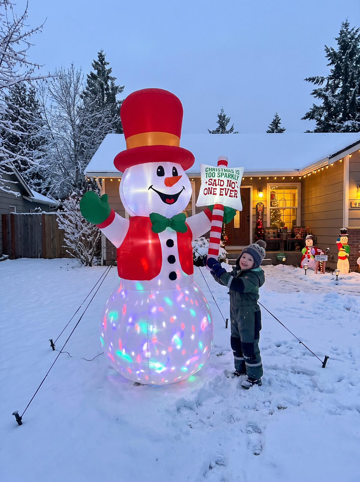 Snowman with Sign Inflatable, Built to Anchor Your Lawn
