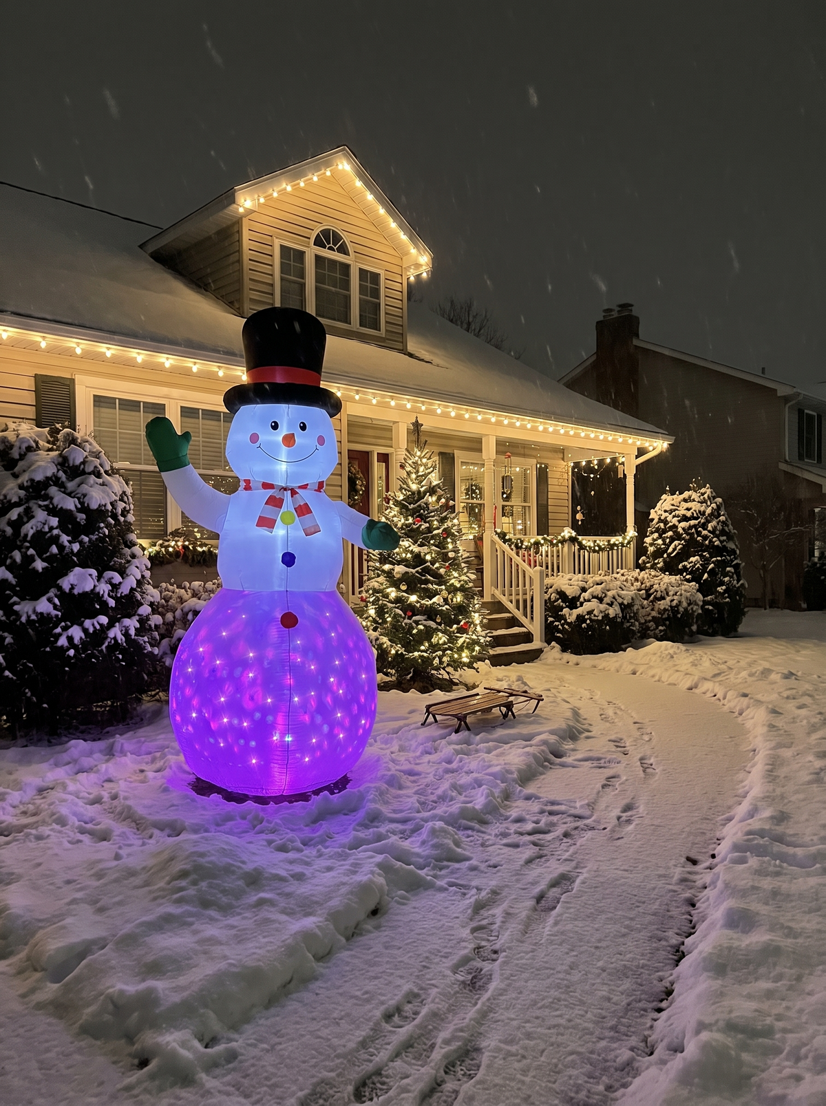 Waving Snowman RGB LED Inflatable, Classic Winter Charm