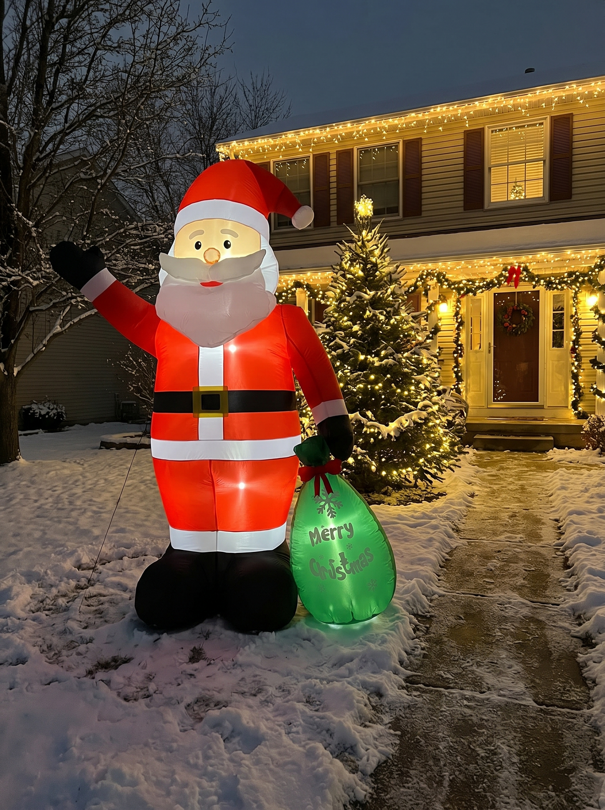 Giant Santa with Gift Bag Inflatable, The Merriest House on the Block