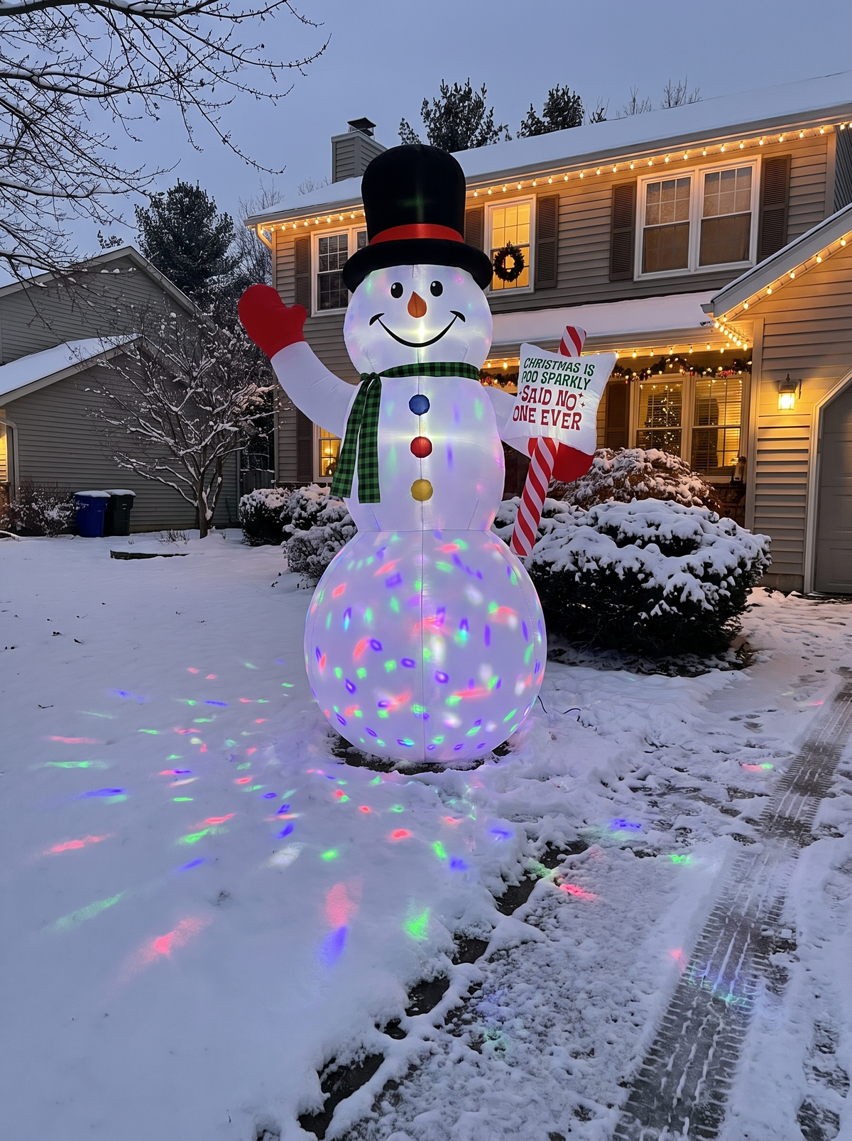 Giant Snowman with Candy Cane Inflatable, A Dynamic Evening Glow