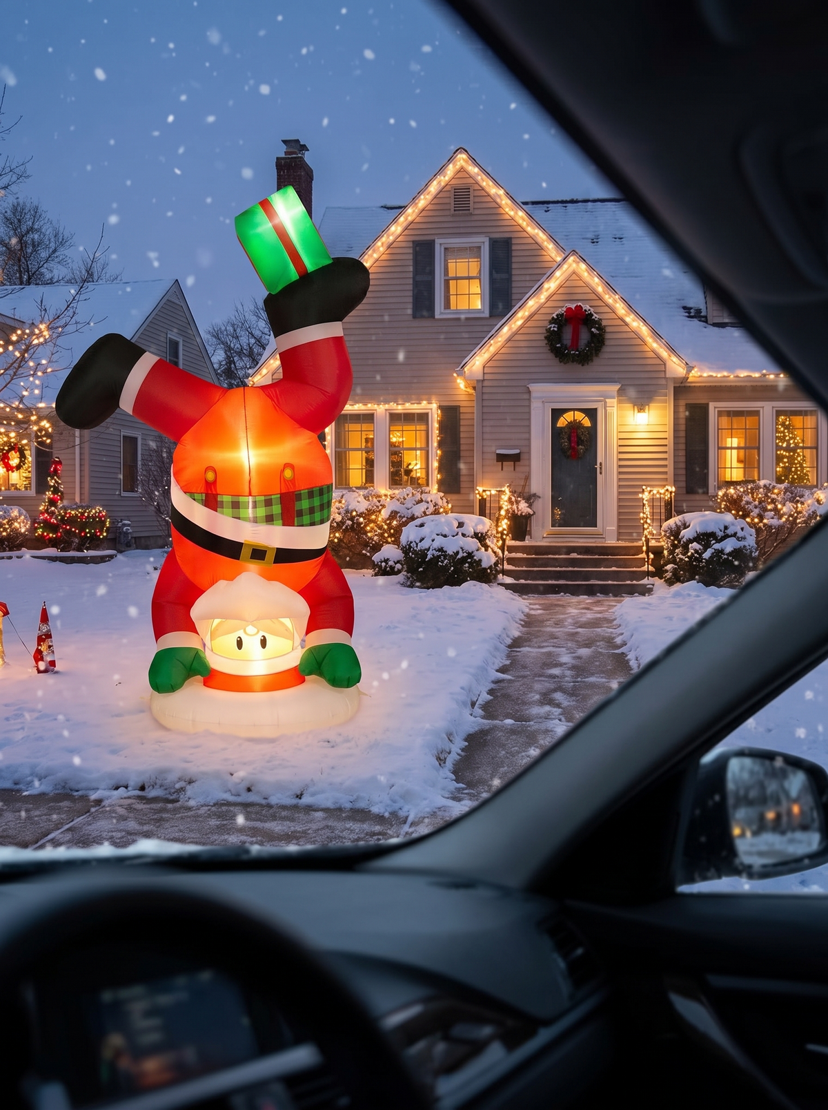 Handstand Santa Inflatable, Seen From Every Car