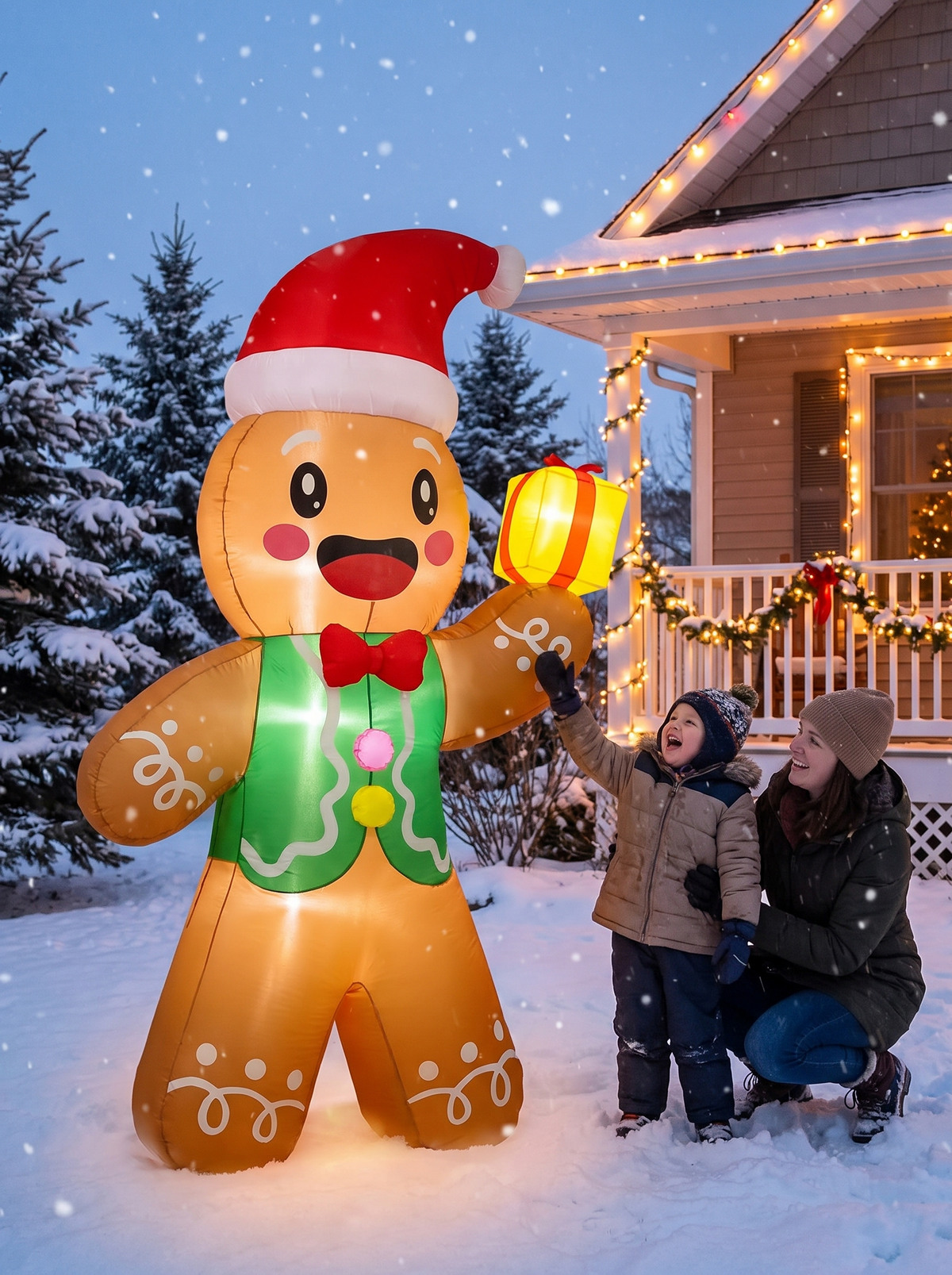 Gingerbread Man with Gift Inflatable, Glowing From Within