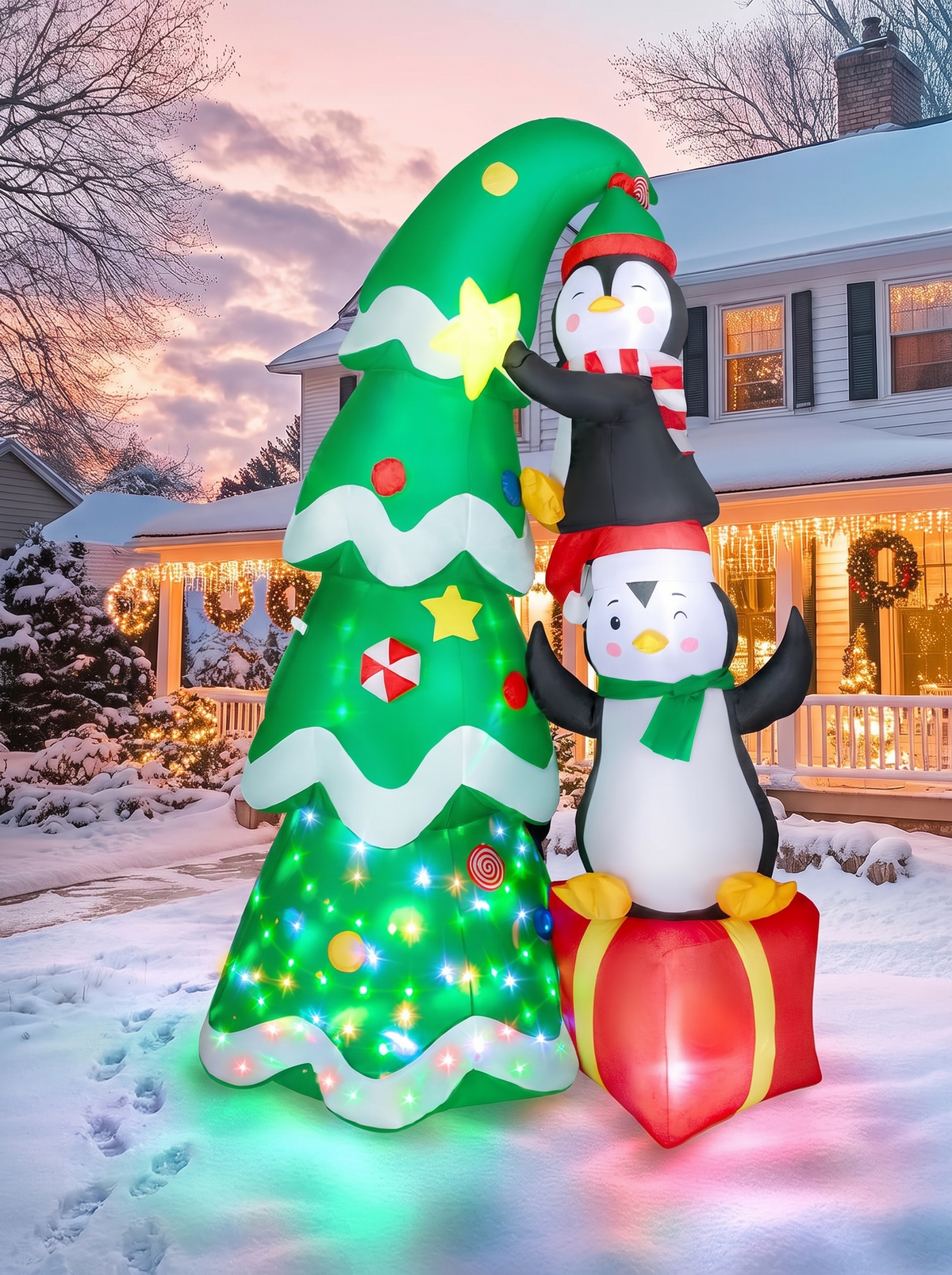 Christmas Tree with Penguins Inflatable, Lit Where It Counts