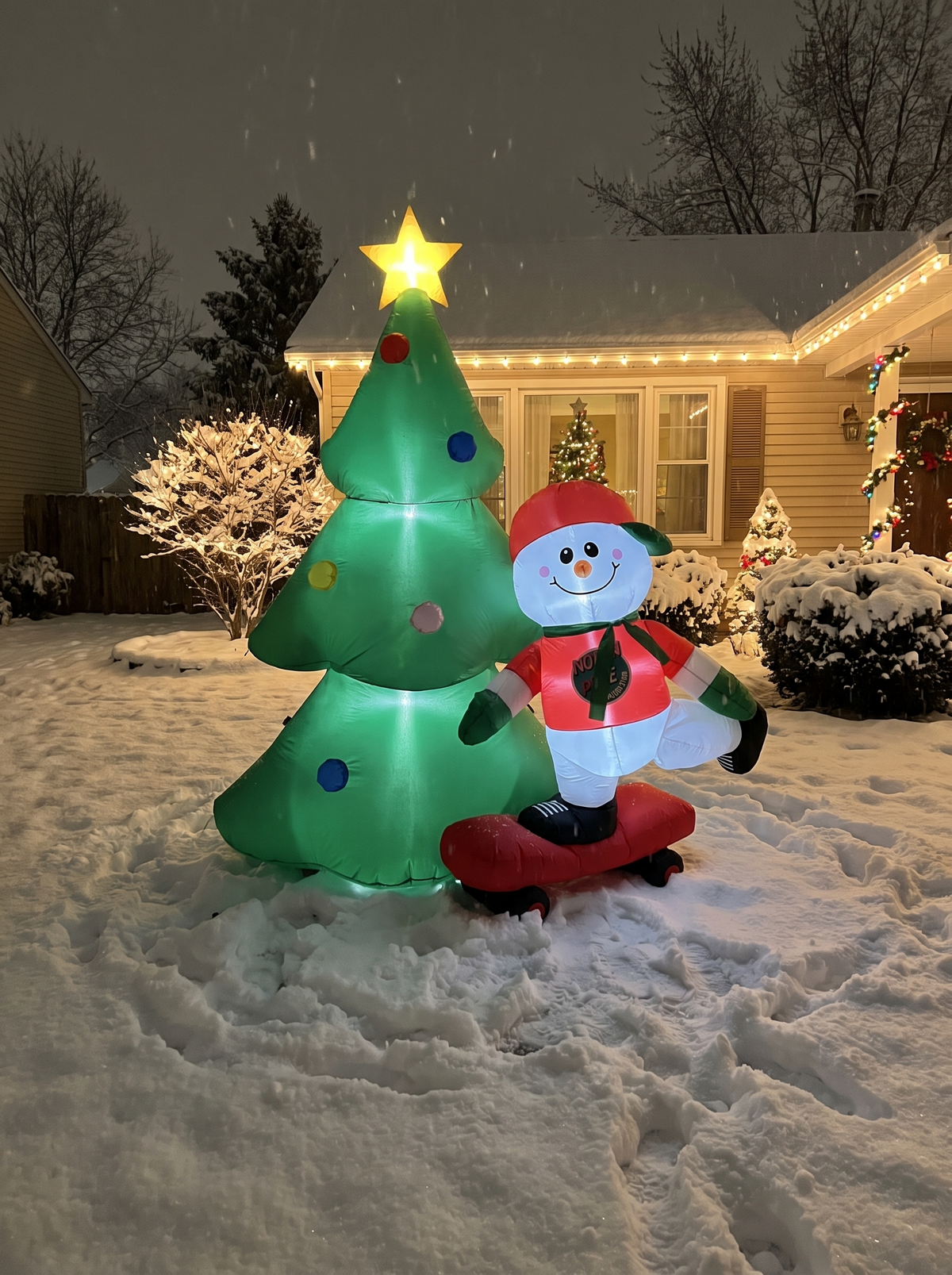 Christmas Tree with Scooter Snowman Inflatable, Lit Top to Bottom