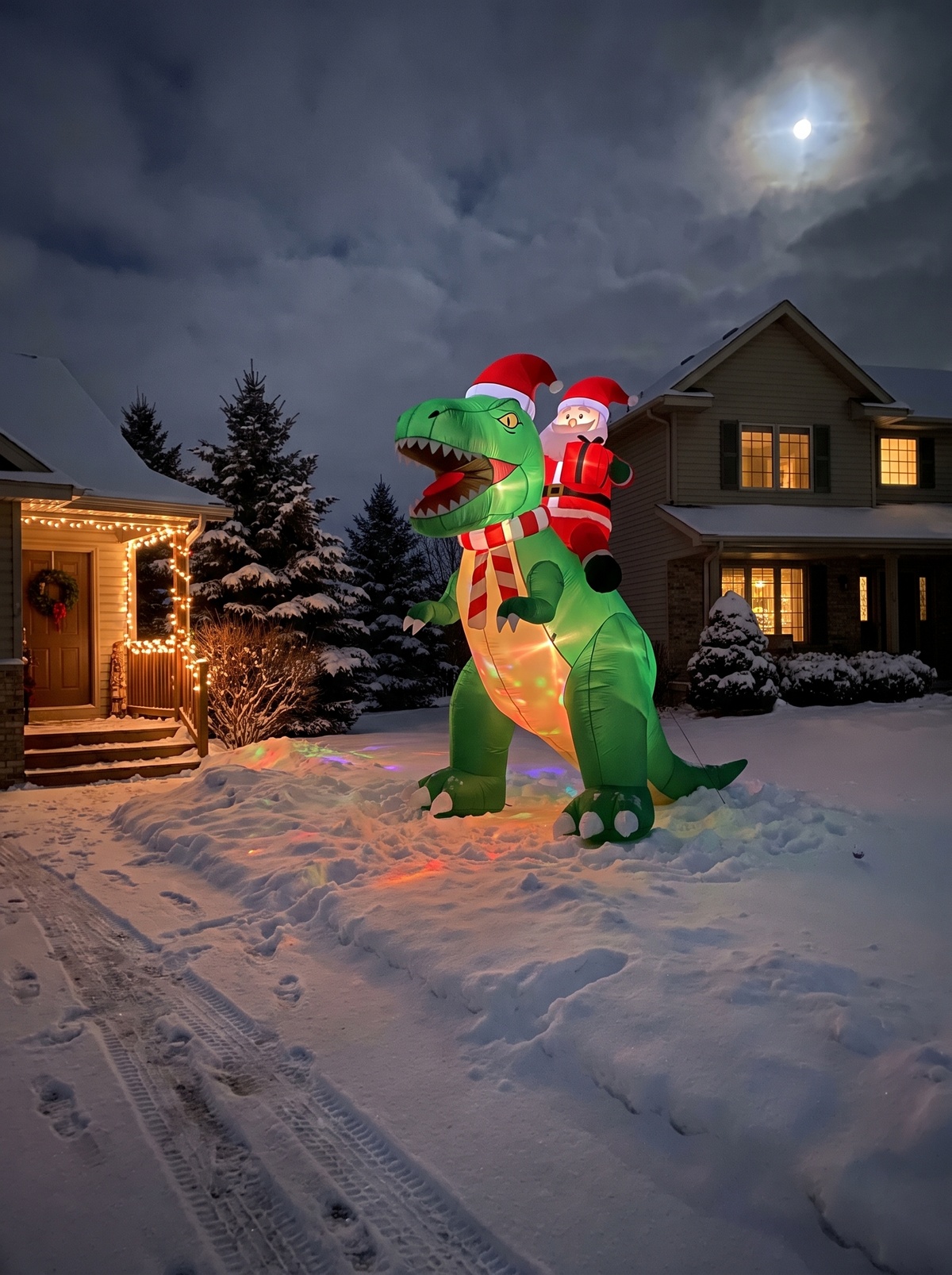 Santa Riding Dinosaur Inflatable, A Light Show Inside