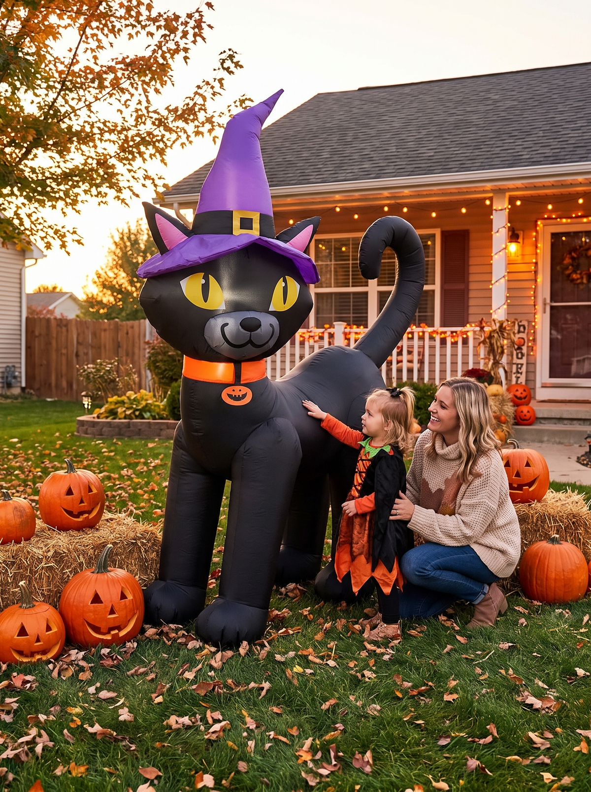 Black Cat with Pumpkins Inflatable, Charming Halloween Fun