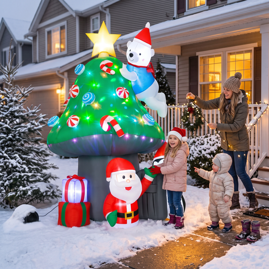 7FT Inflatable Christmas Mushroom House with Santa, Polar Bear & Penguin