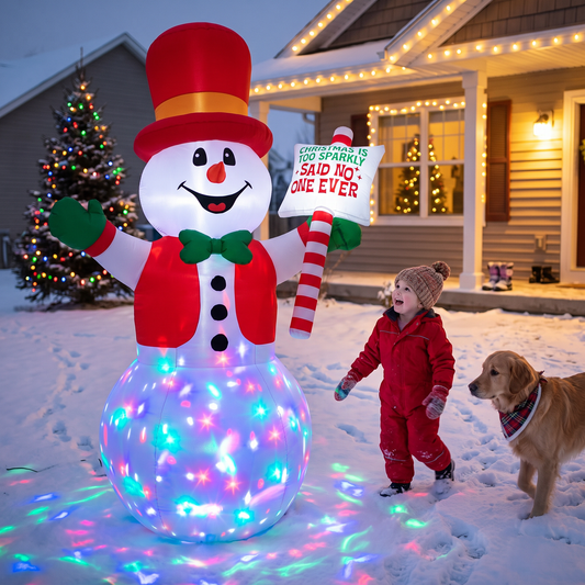 8FT Inflatable Snowman Holding Sign with Rotating Disco LED
